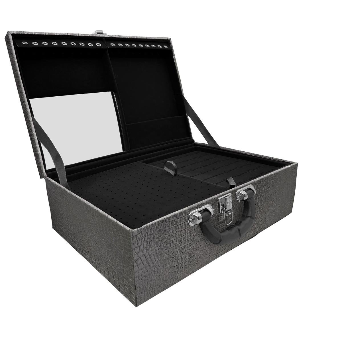 Maleta Tripla Grande Crocodilo Preto M Com Alça Preta E Espelho Veludo