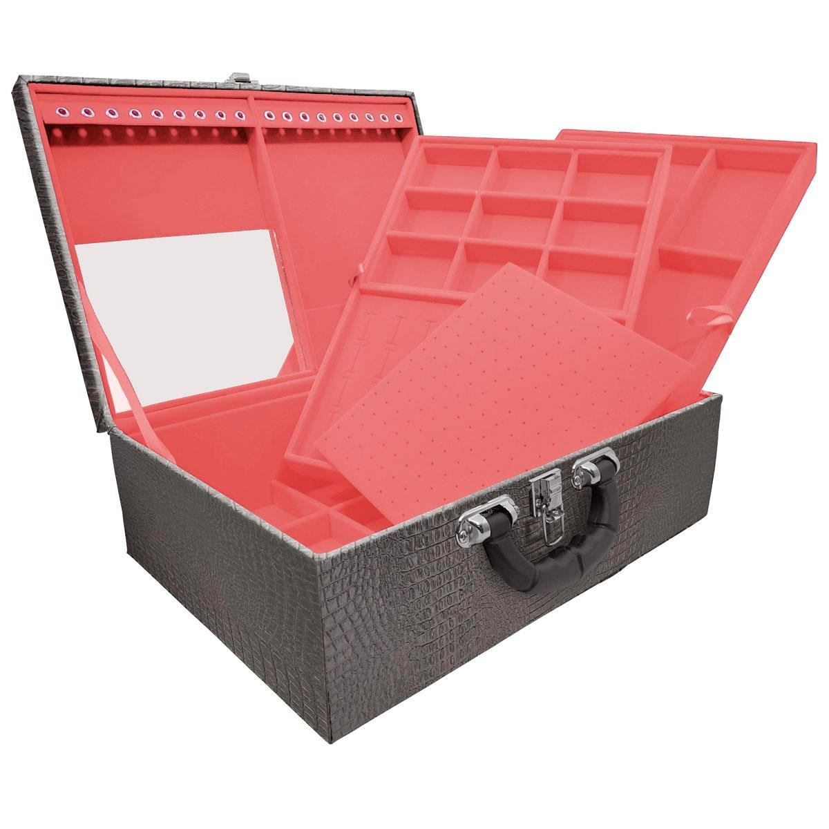 Maleta Tripla Grande Crocodilo Preto M Com Alça Preta E Espelho Veludo