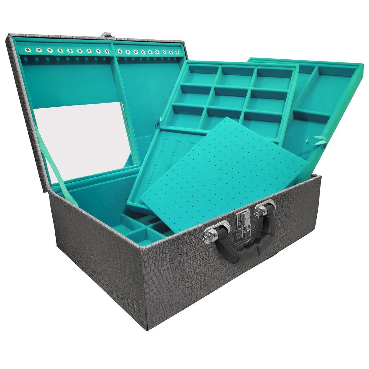 Maleta Tripla Grande Crocodilo Preto M Com Alça Preta E Espelho Veludo