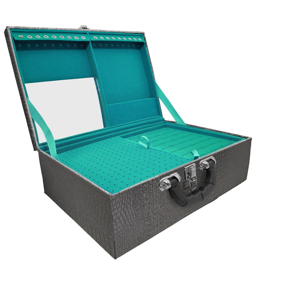 Maleta Tripla Grande Crocodilo Preto M Com Alça Preta E Espelho Veludo