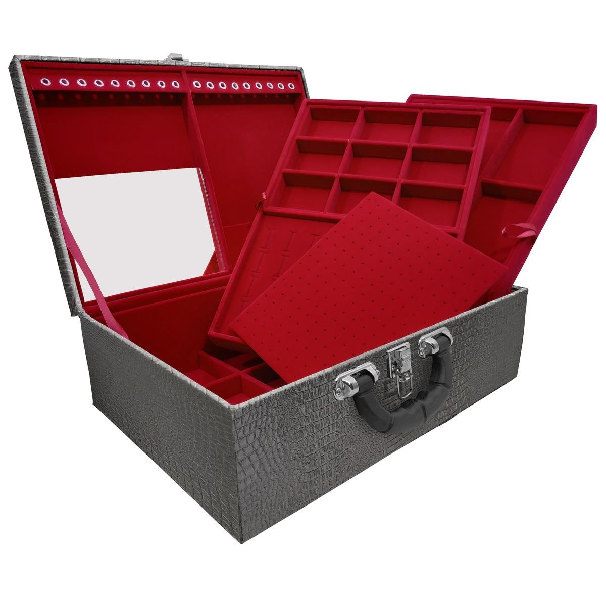 Maleta Tripla Grande Crocodilo Preto M Com Alça Preta E Espelho Veludo