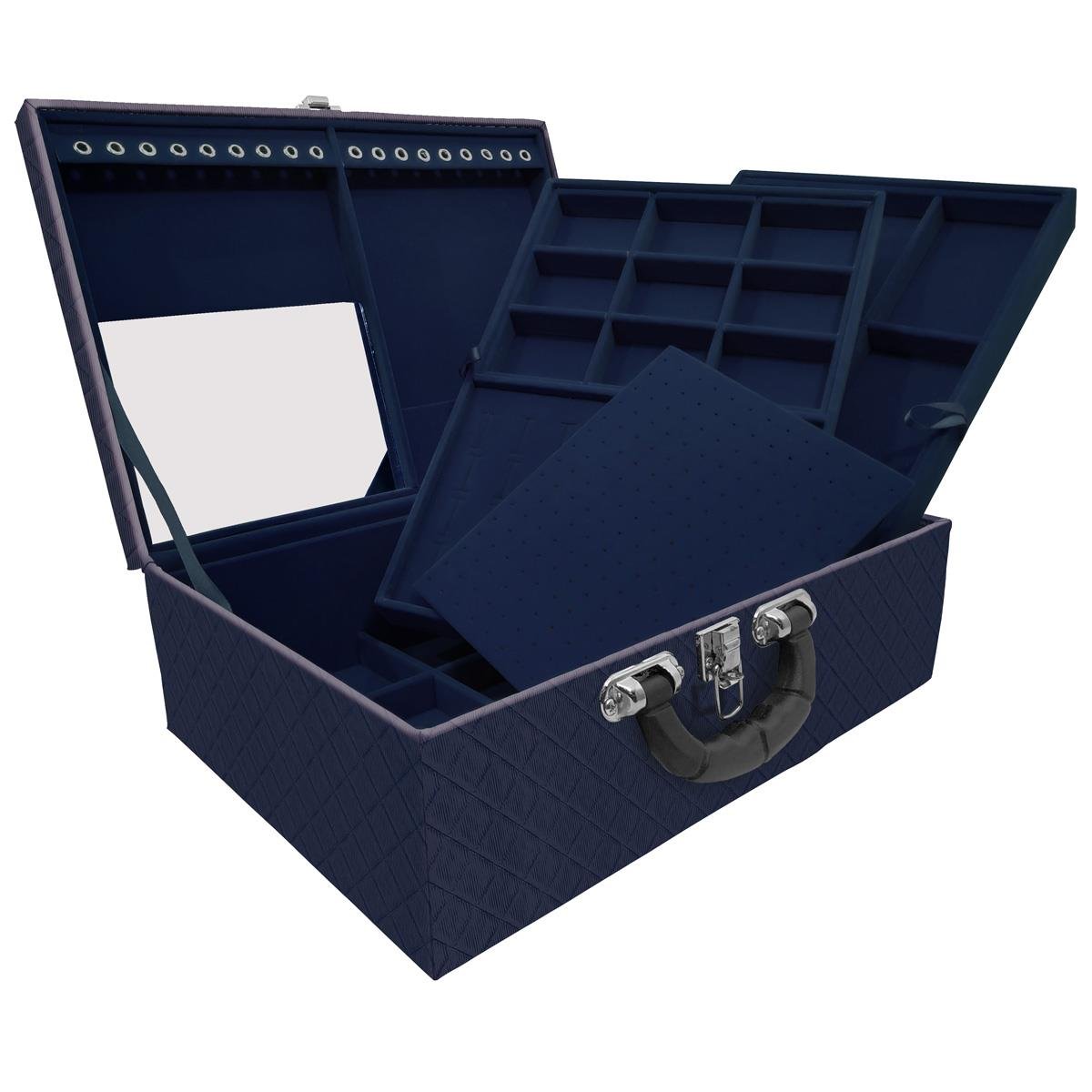 Estojo Maleta Porta Jóias Triplo Grande Dijon Azul Marinho Com Alça Preta e Espelho