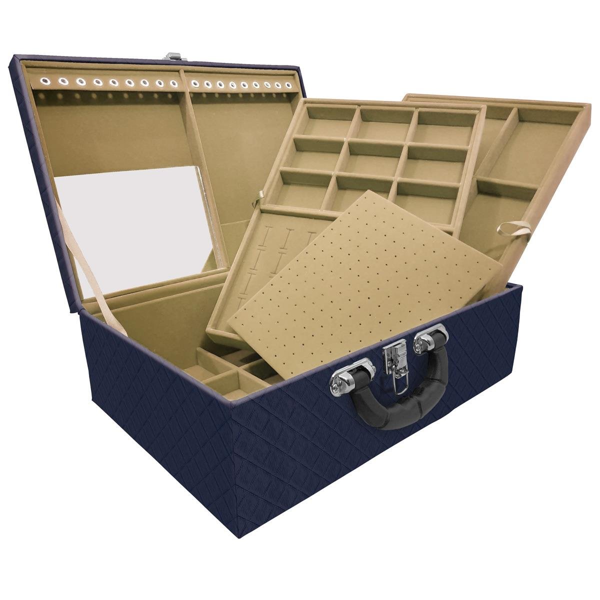 Estojo Maleta Porta Jóias Triplo Grande Dijon Azul Marinho Com Alça Preta e Espelho