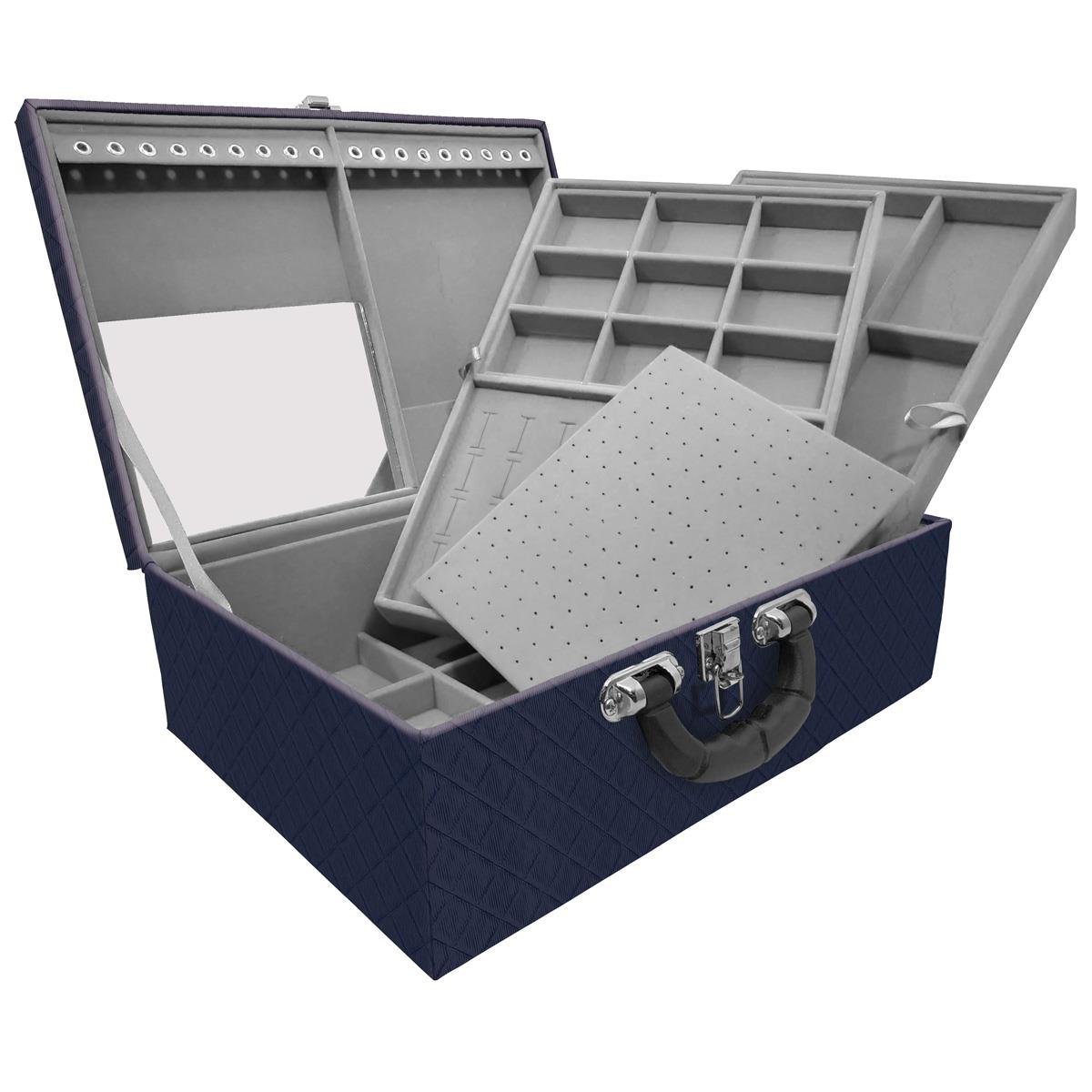 Estojo Maleta Porta Jóias Triplo Grande Dijon Azul Marinho Com Alça Preta e Espelho