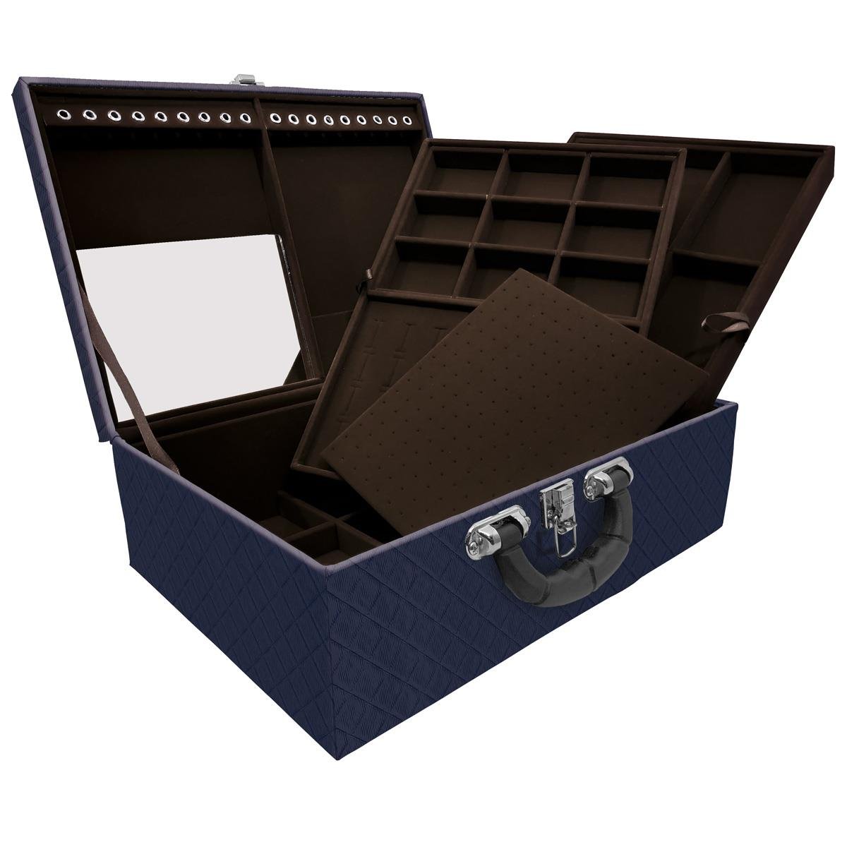 Estojo Maleta Porta Jóias Triplo Grande Dijon Azul Marinho Com Alça Preta e Espelho