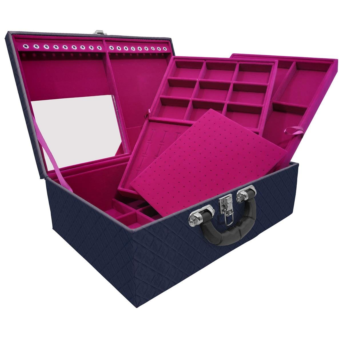 Estojo Maleta Porta Jóias Triplo Grande Dijon Azul Marinho Com Alça Preta e Espelho