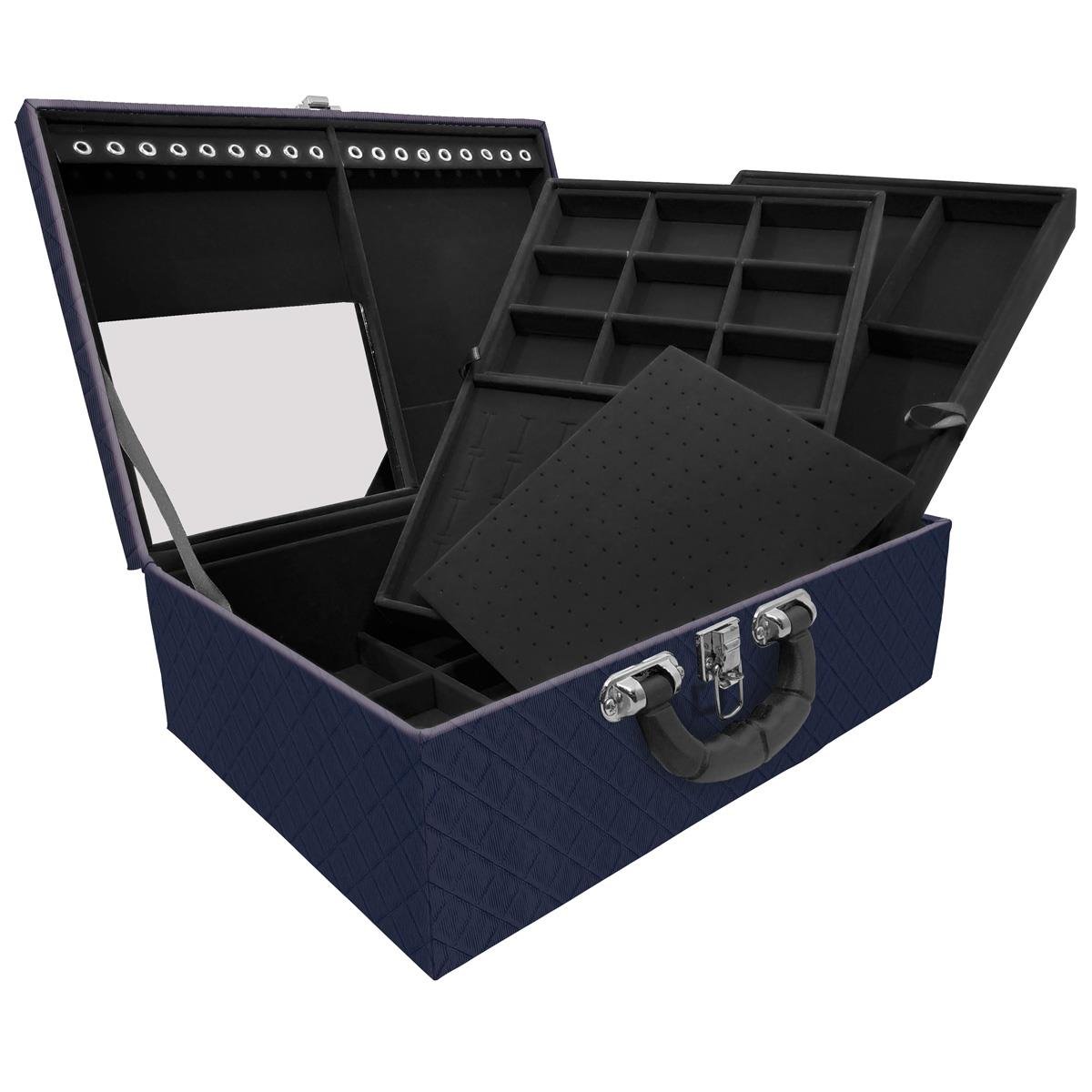 Estojo Maleta Porta Jóias Triplo Grande Dijon Azul Marinho Com Alça Preta e Espelho