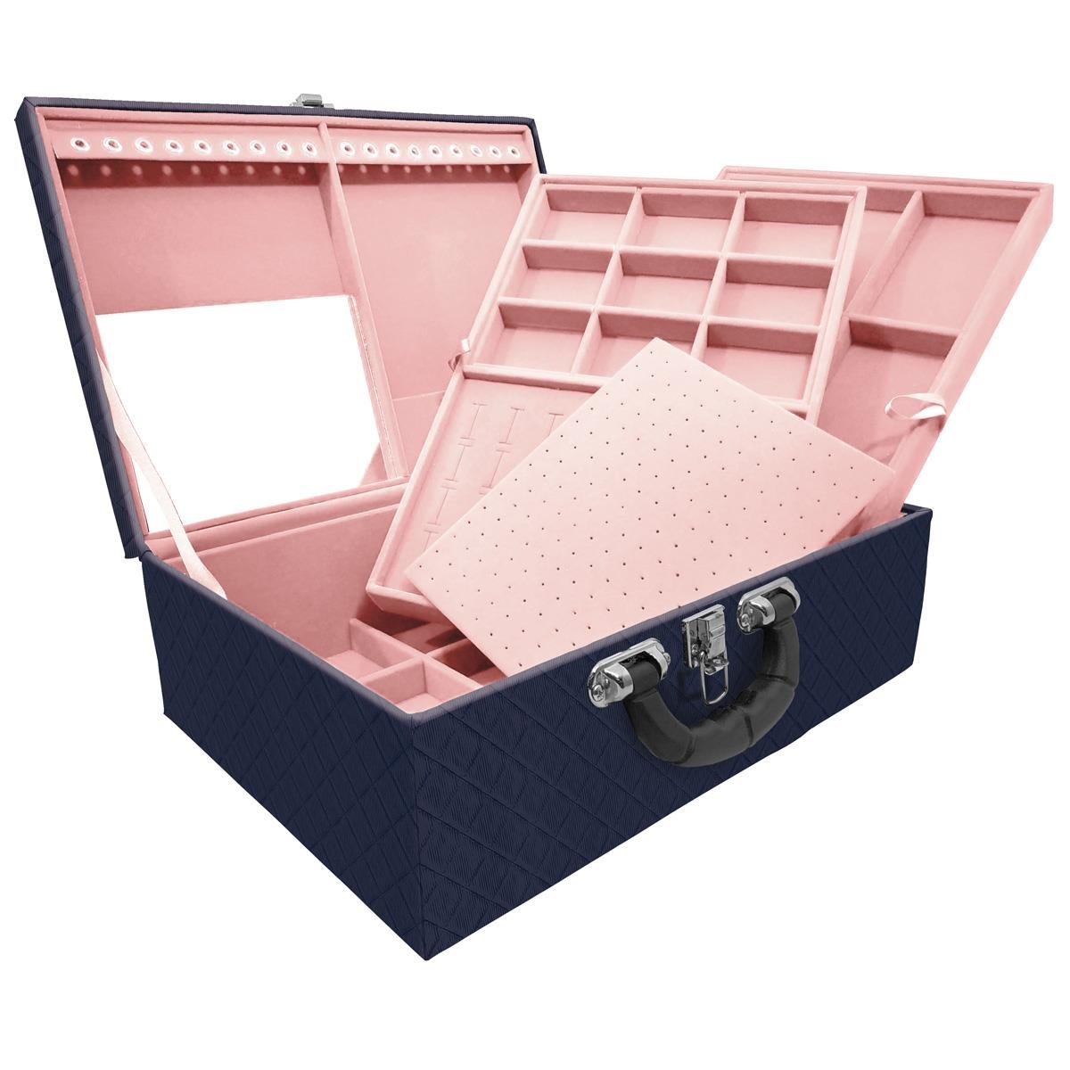Estojo Maleta Porta Jóias Triplo Grande Dijon Azul Marinho Com Alça Preta e Espelho