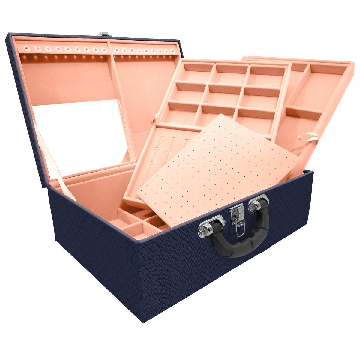 Estojo Maleta Porta Jóias Triplo Grande Dijon Azul Marinho Com Alça Preta e Espelho