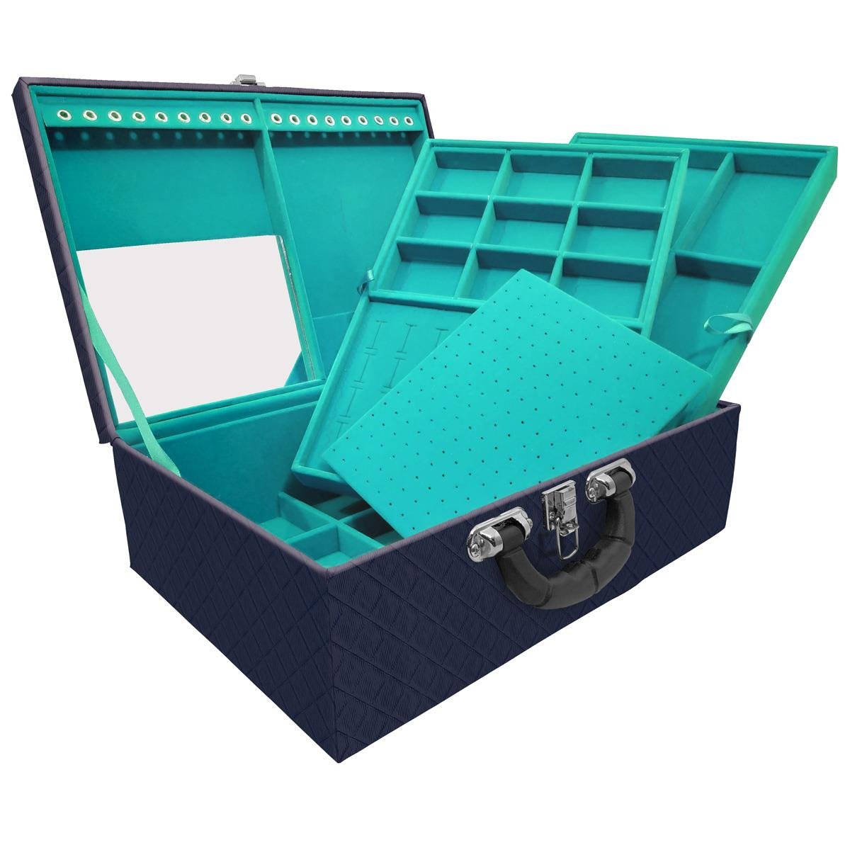 Estojo Maleta Porta Jóias Triplo Grande Dijon Azul Marinho Com Alça Preta e Espelho