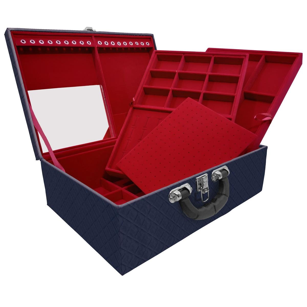 Estojo Maleta Porta Jóias Triplo Grande Dijon Azul Marinho Com Alça Preta e Espelho