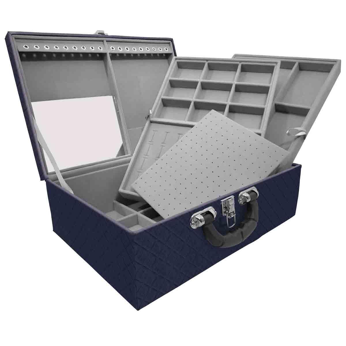 Estojo Maleta Porta Jóias Triplo Grande Dijon Azul Marinho Com Alça Preta e Espelho