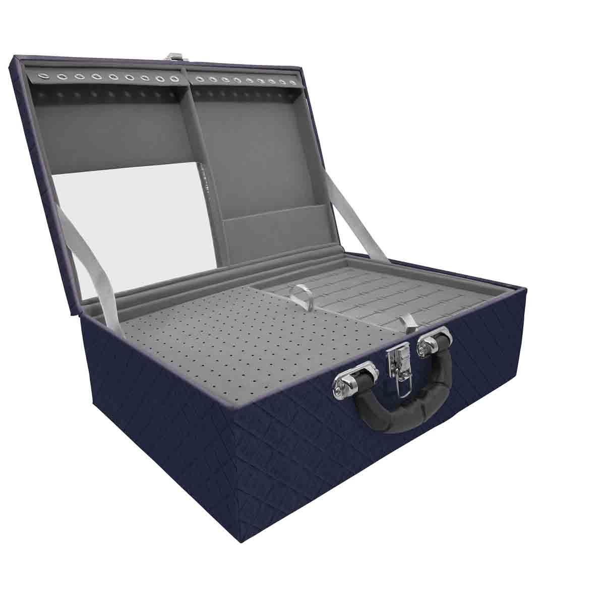 Estojo Maleta Porta Jóias Triplo Grande Dijon Azul Marinho Com Alça Preta e Espelho