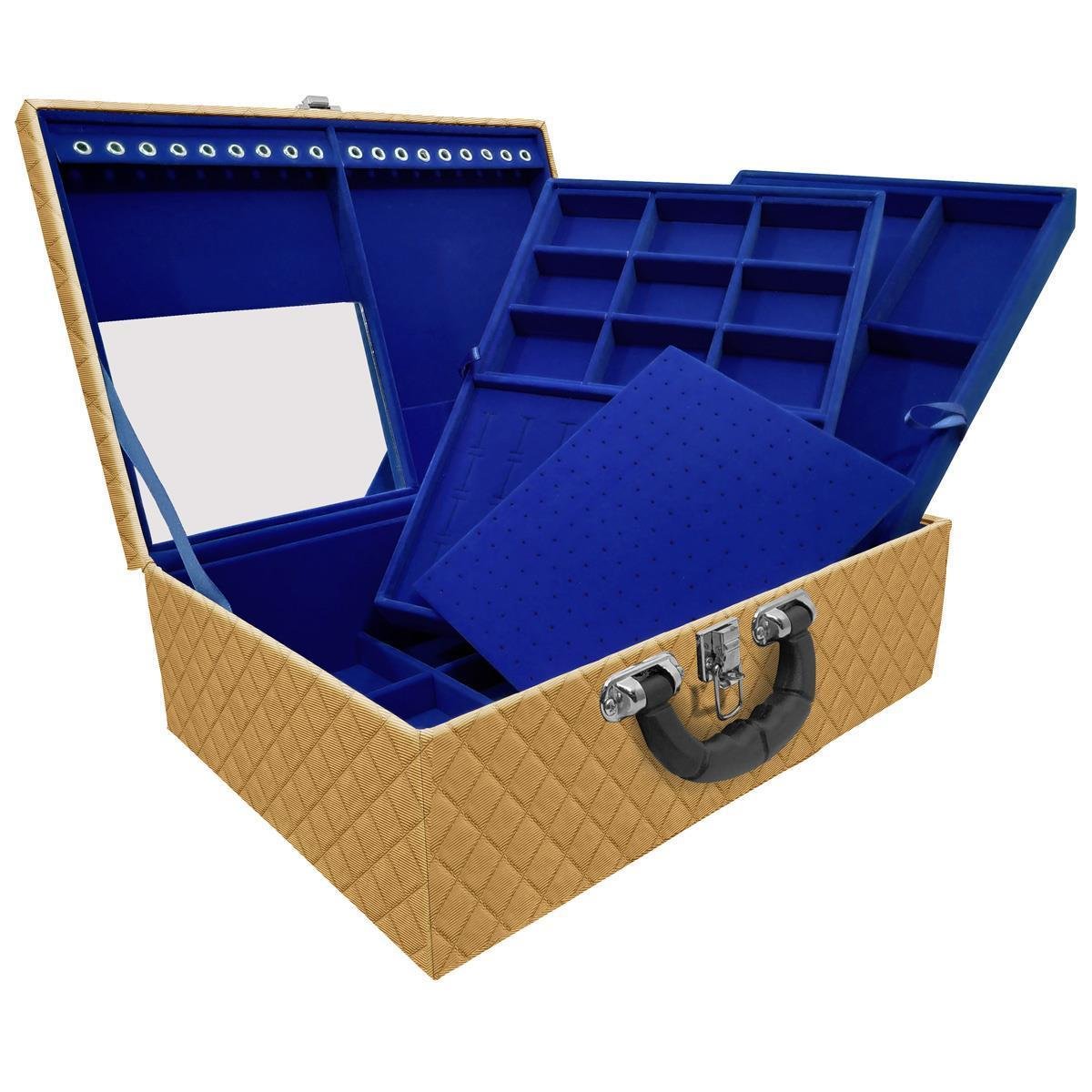 Estojo Maleta Porta Jóias Triplo Grande Dijon Dourado Com Alça Preta e Espelho