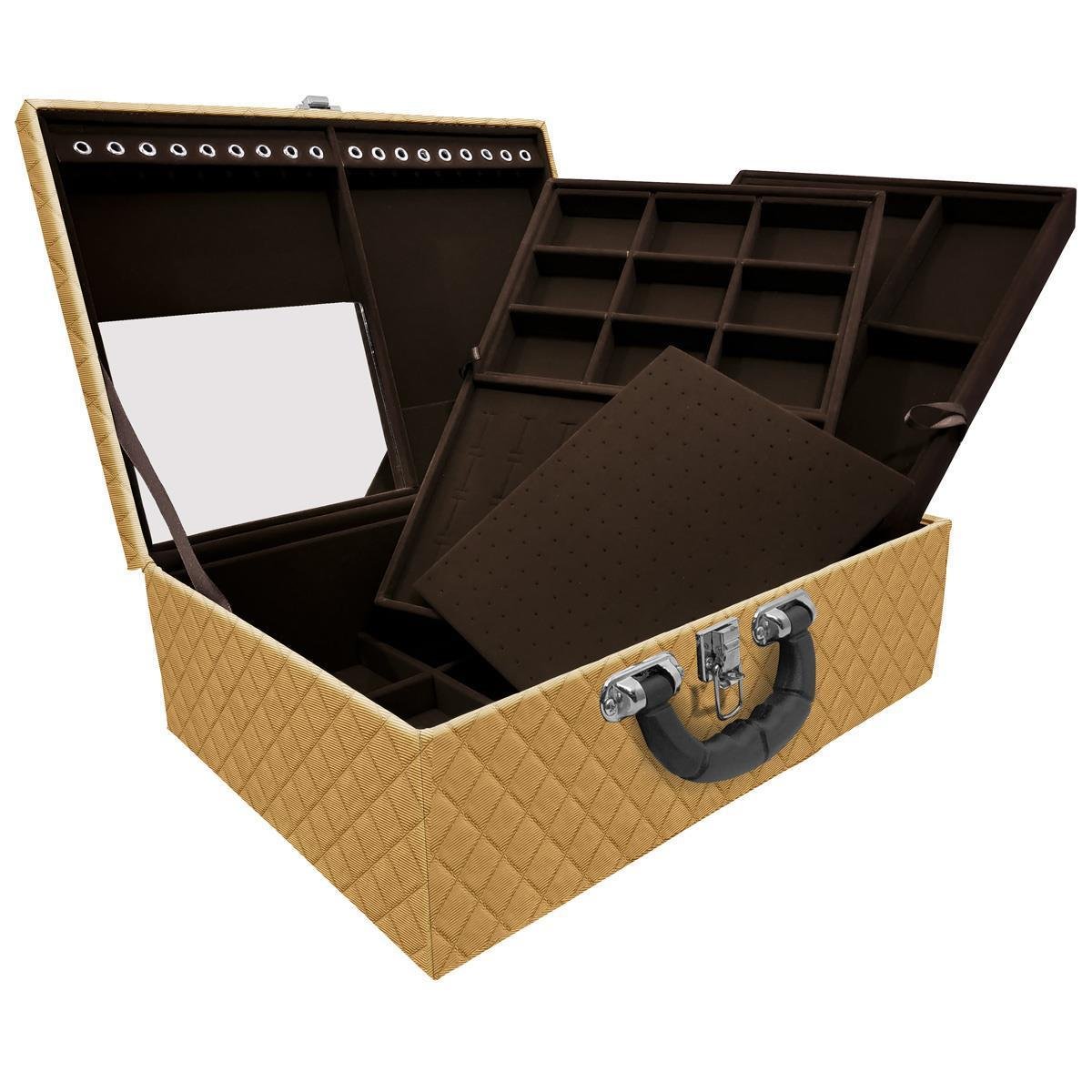 Estojo Maleta Porta Jóias Triplo Grande Dijon Dourado Com Alça Preta e Espelho