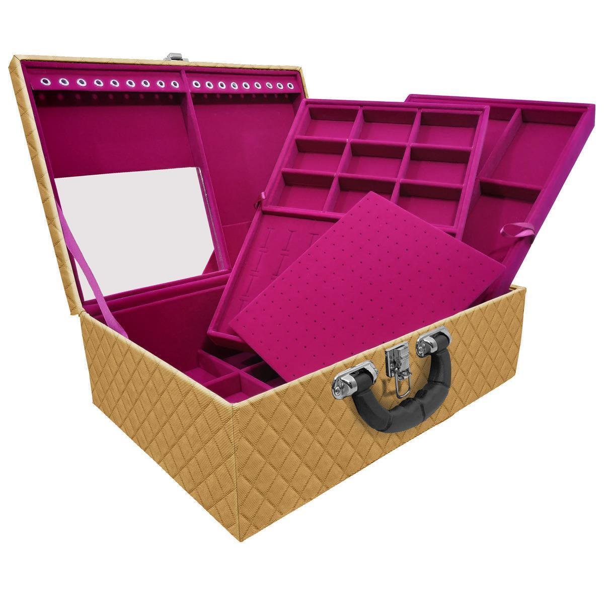 Estojo Maleta Porta Jóias Triplo Grande Dijon Dourado Com Alça Preta e Espelho