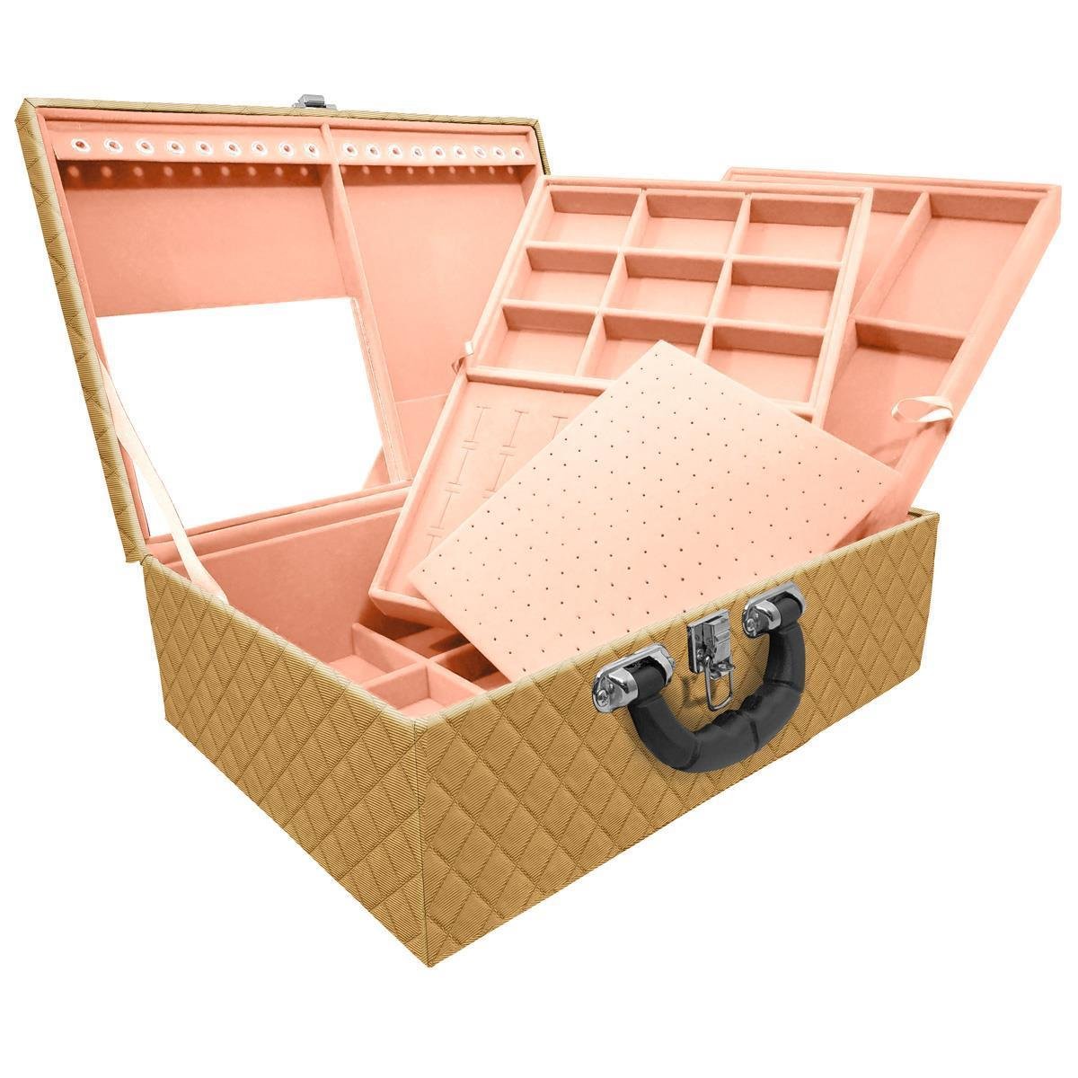 Estojo Maleta Porta Jóias Triplo Grande Dijon Dourado Com Alça Preta e Espelho
