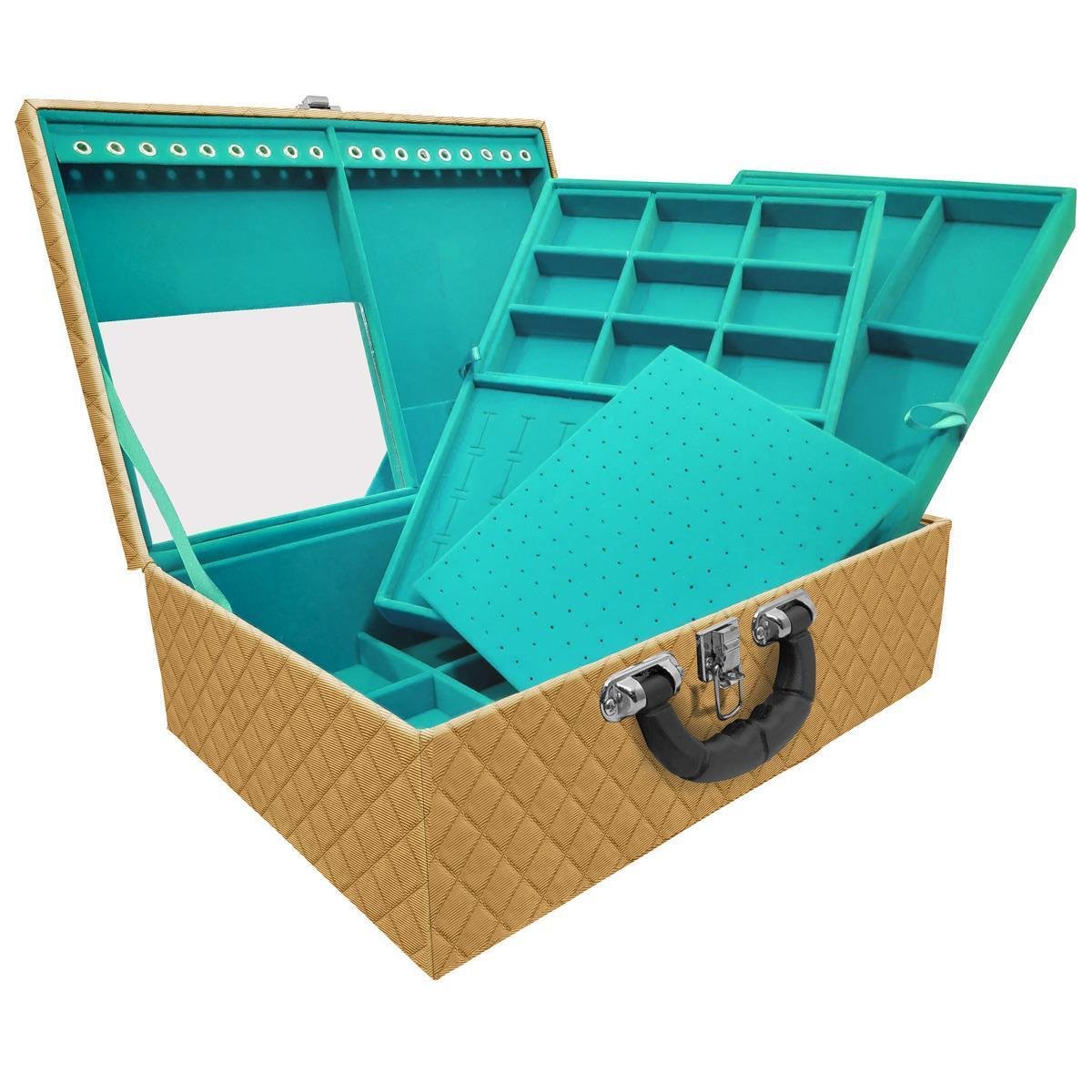 Estojo Maleta Porta Jóias Triplo Grande Dijon Dourado Com Alça Preta e Espelho