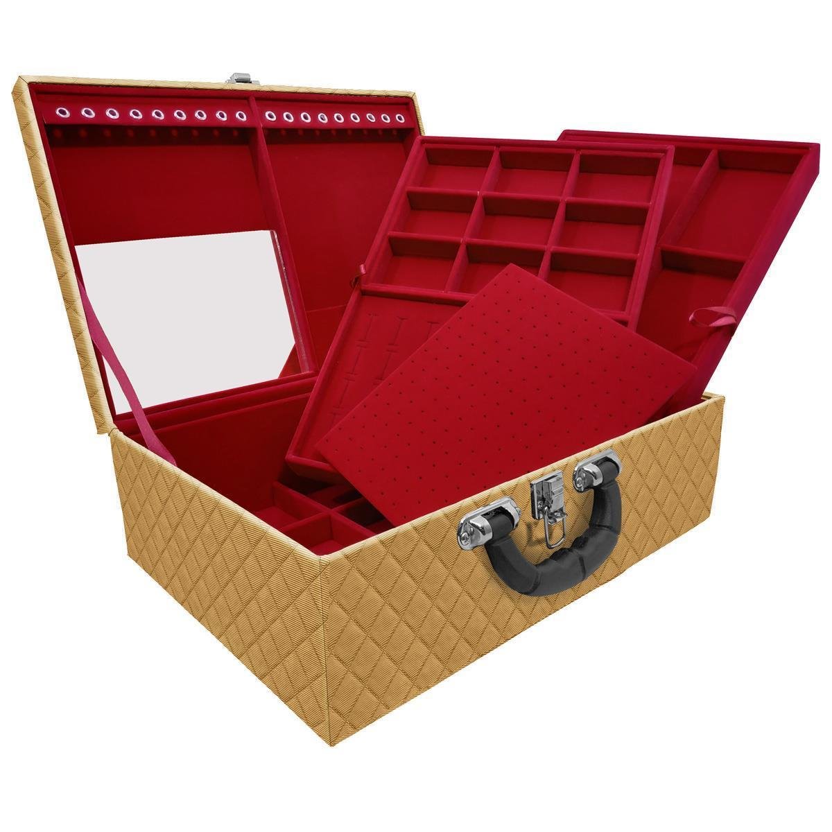 Estojo Maleta Porta Jóias Triplo Grande Dijon Dourado Com Alça Preta e Espelho