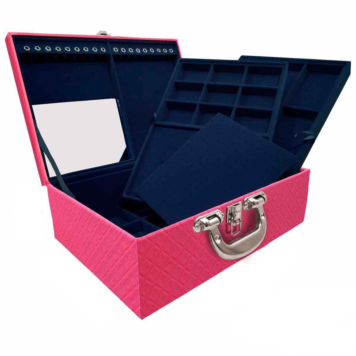 Estojo Maleta Porta Jóias Triplo Grande Dijon Pink Com Alça Cromada e Espelho