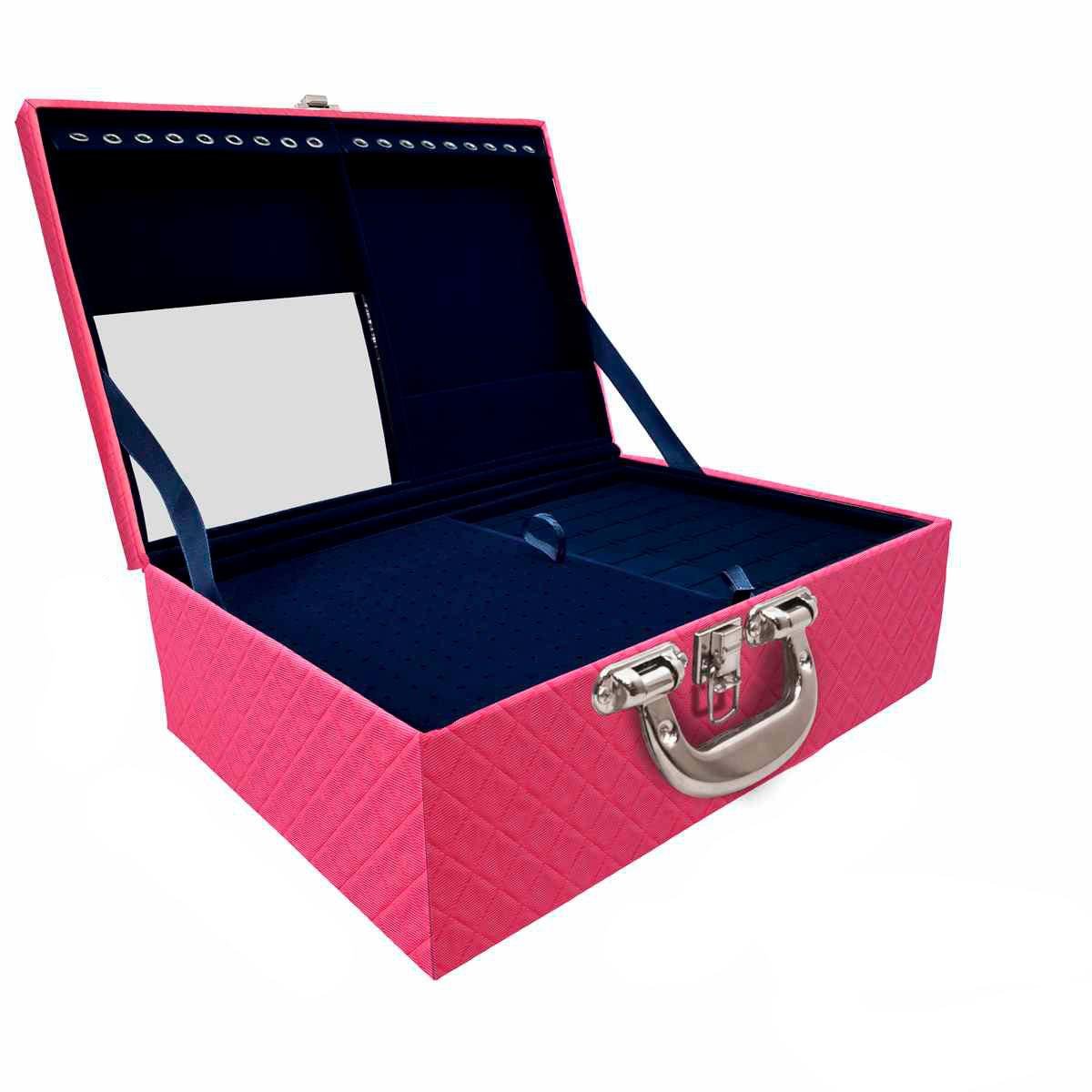 Estojo Maleta Porta Jóias Triplo Grande Dijon Pink Com Alça Cromada e Espelho