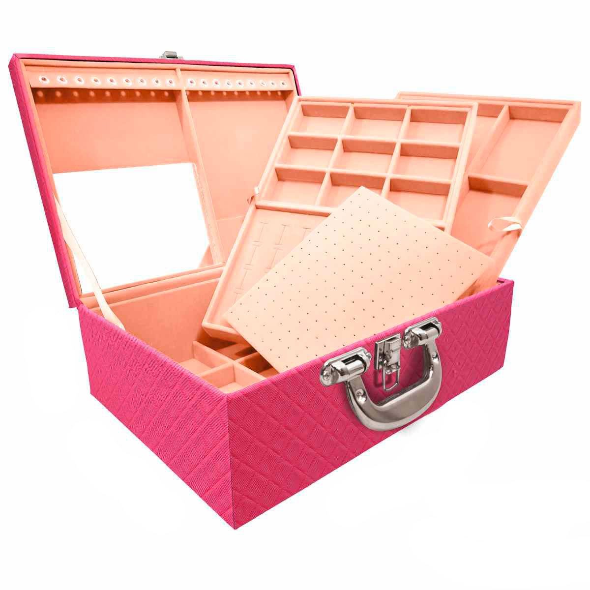 Estojo Maleta Porta Jóias Triplo Grande Dijon Pink Com Alça Cromada e Espelho