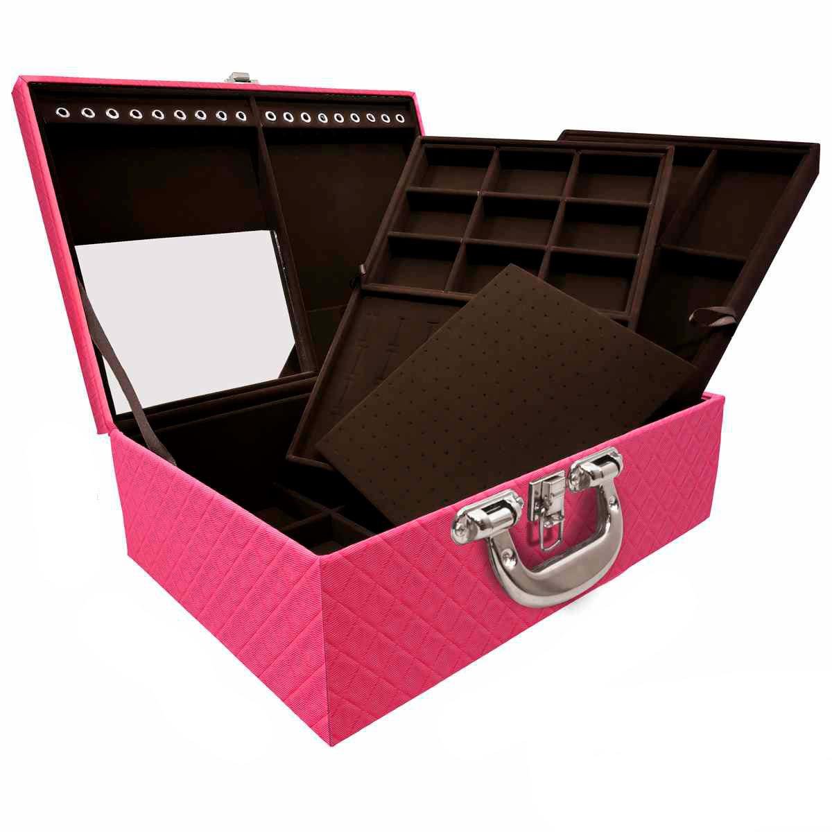 Estojo Maleta Porta Jóias Triplo Grande Dijon Pink Com Alça Cromada e Espelho