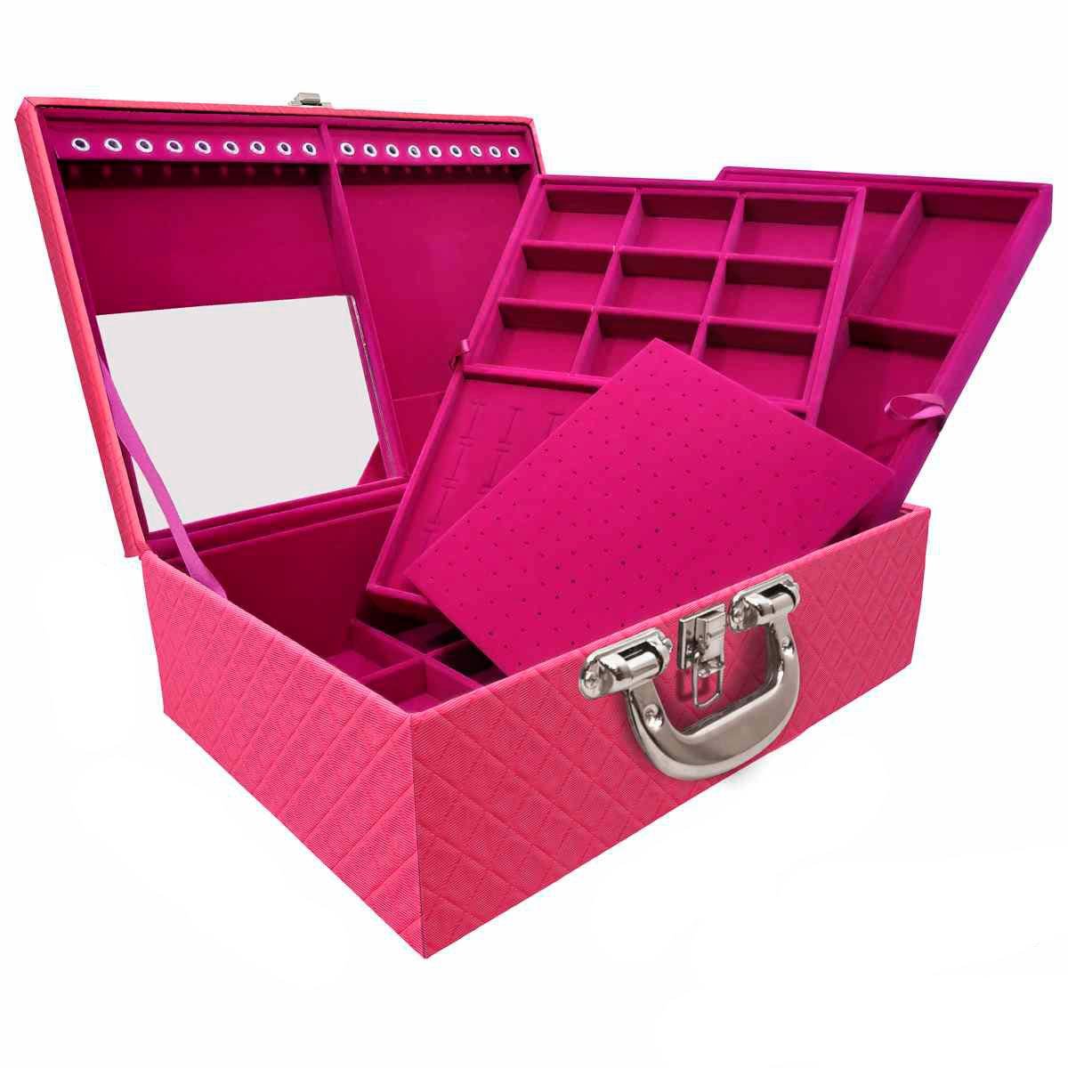 Estojo Maleta Porta Jóias Triplo Grande Dijon Pink Com Alça Cromada e Espelho