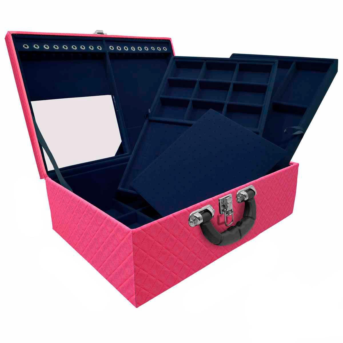 Estojo Maleta Porta Joias Triplo Grande Dijon Pink com Alça Preta e Espelho