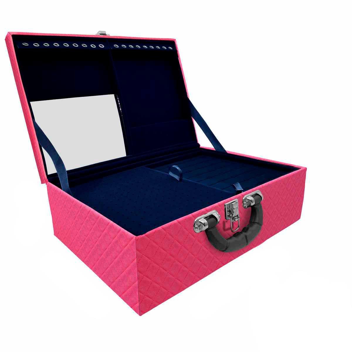 Estojo Maleta Porta Joias Triplo Grande Dijon Pink com Alça Preta e Espelho