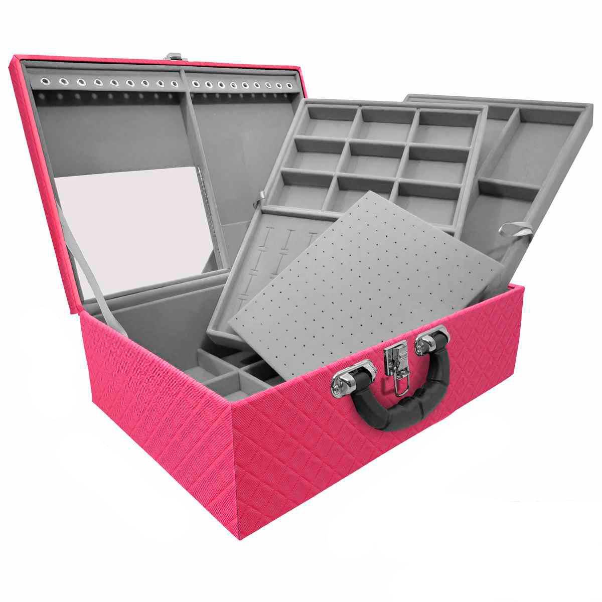 Estojo Maleta Porta Joias Triplo Grande Dijon Pink com Alça Preta e Espelho