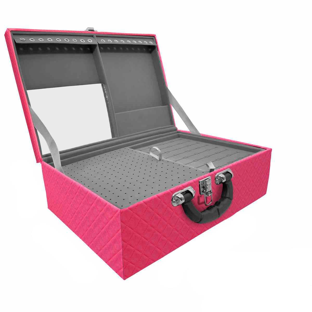 Estojo Maleta Porta Joias Triplo Grande Dijon Pink com Alça Preta e Espelho