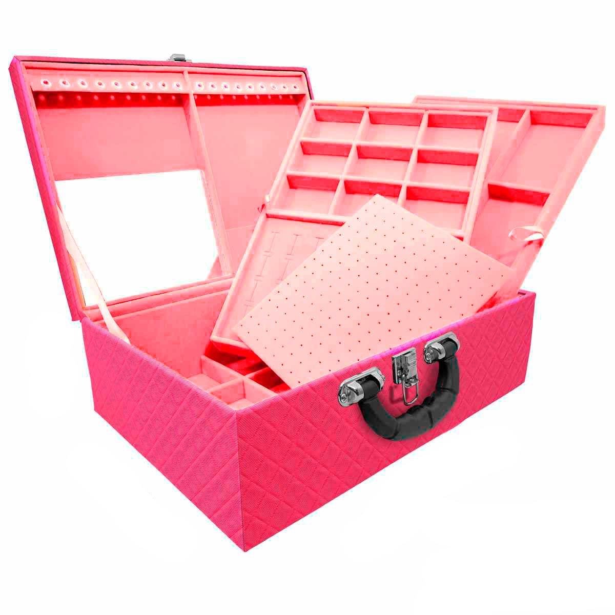 Estojo Maleta Porta Joias Triplo Grande Dijon Pink com Alça Preta e Espelho
