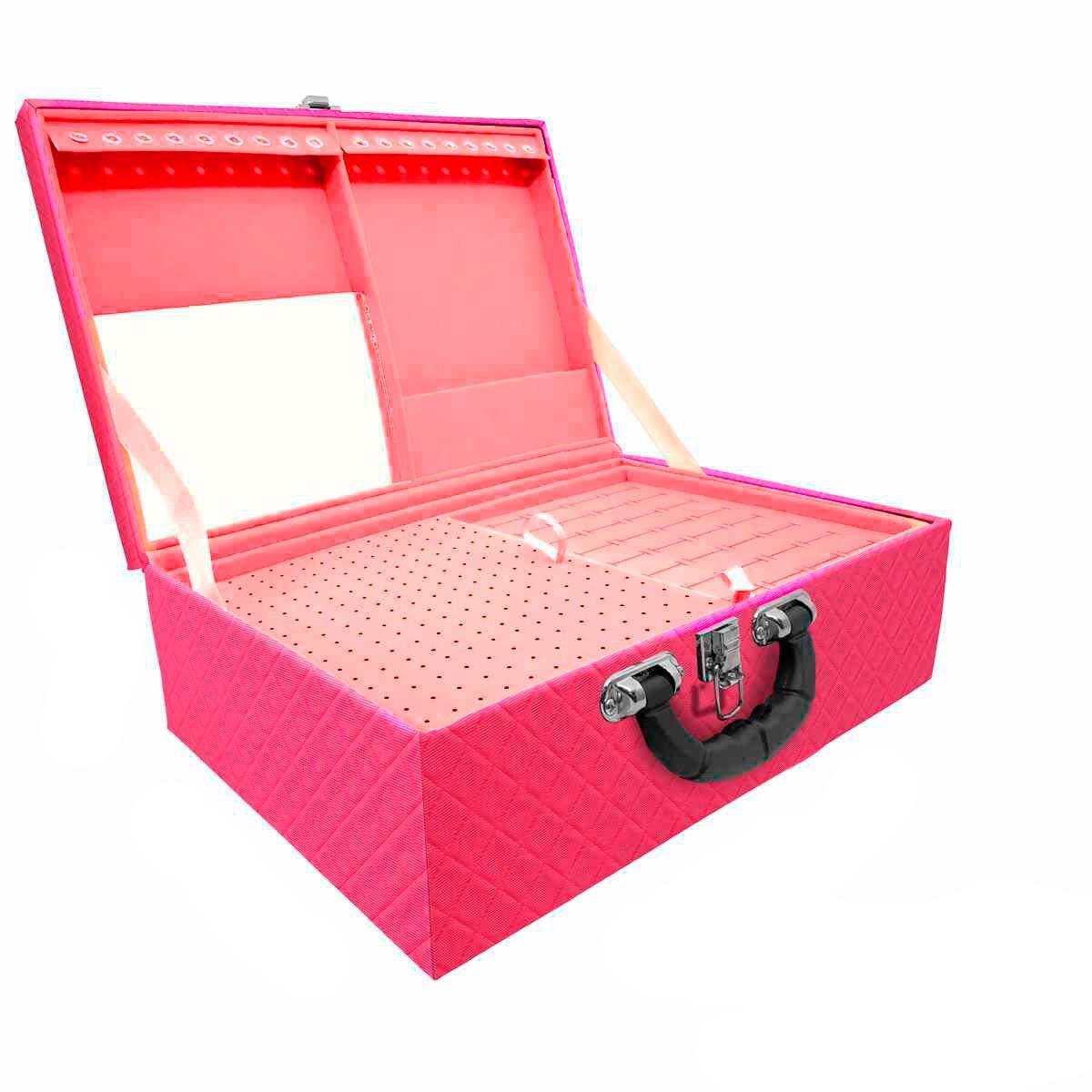 Estojo Maleta Porta Joias Triplo Grande Dijon Pink com Alça Preta e Espelho