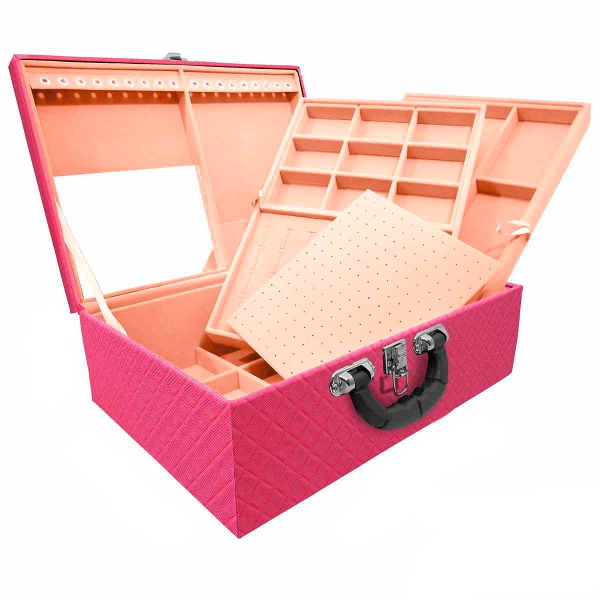 Estojo Maleta Porta Joias Triplo Grande Dijon Pink com Alça Preta e Espelho