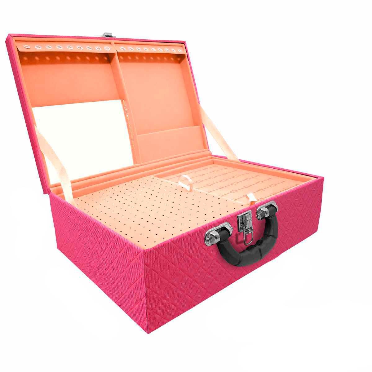 Estojo Maleta Porta Joias Triplo Grande Dijon Pink com Alça Preta e Espelho