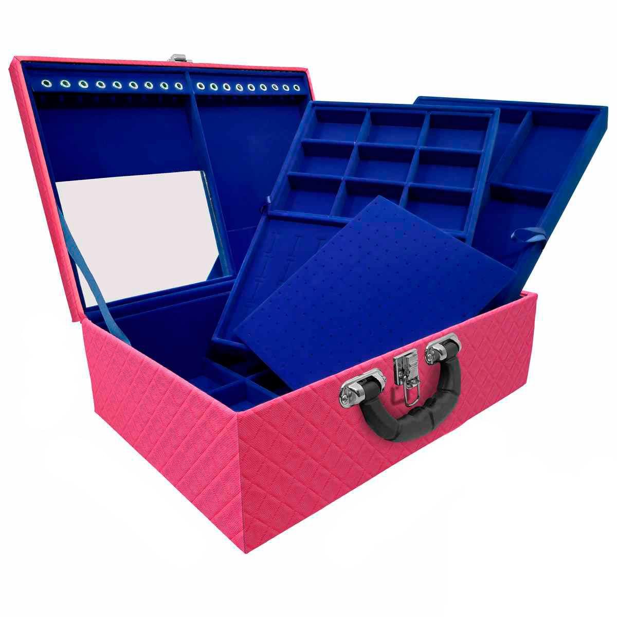 Estojo Maleta Porta Joias Triplo Grande Dijon Pink com Alça Preta e Espelho