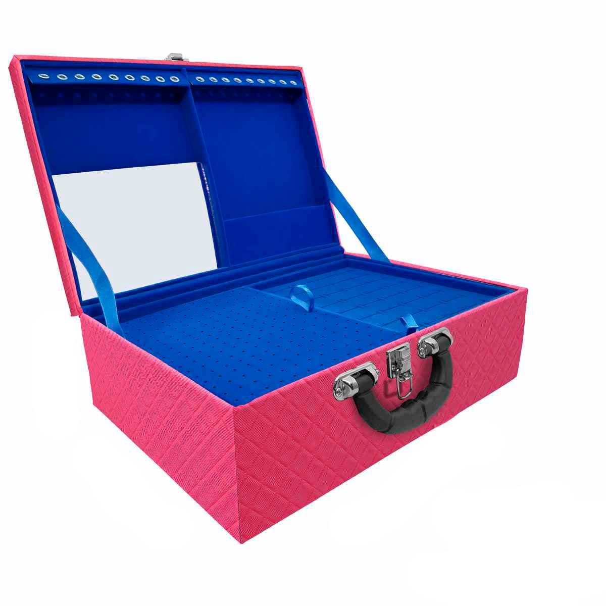 Estojo Maleta Porta Joias Triplo Grande Dijon Pink com Alça Preta e Espelho