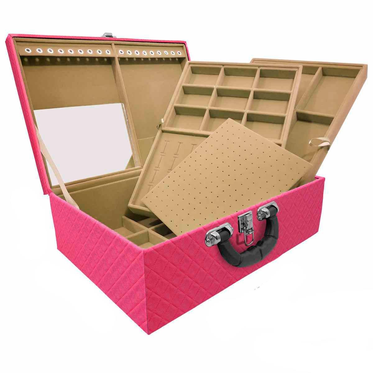 Estojo Maleta Porta Joias Triplo Grande Dijon Pink com Alça Preta e Espelho
