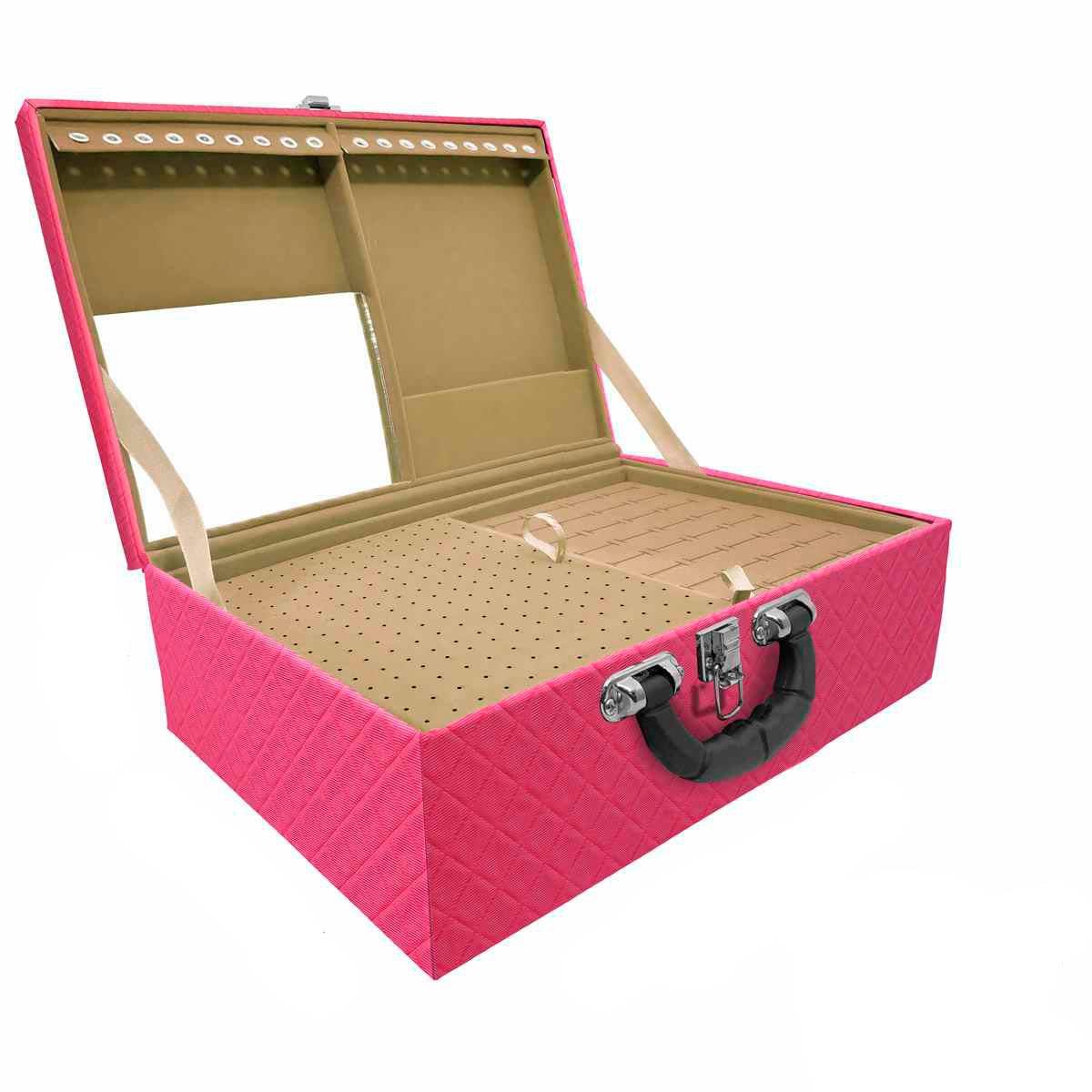Estojo Maleta Porta Joias Triplo Grande Dijon Pink com Alça Preta e Espelho