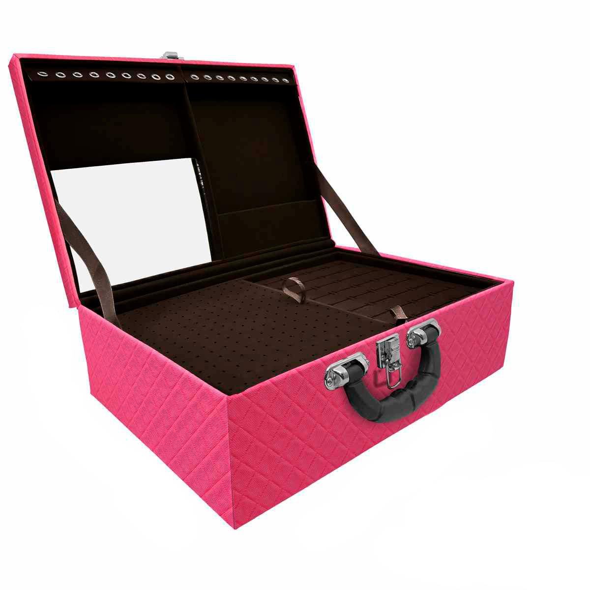 Estojo Maleta Porta Joias Triplo Grande Dijon Pink com Alça Preta e Espelho