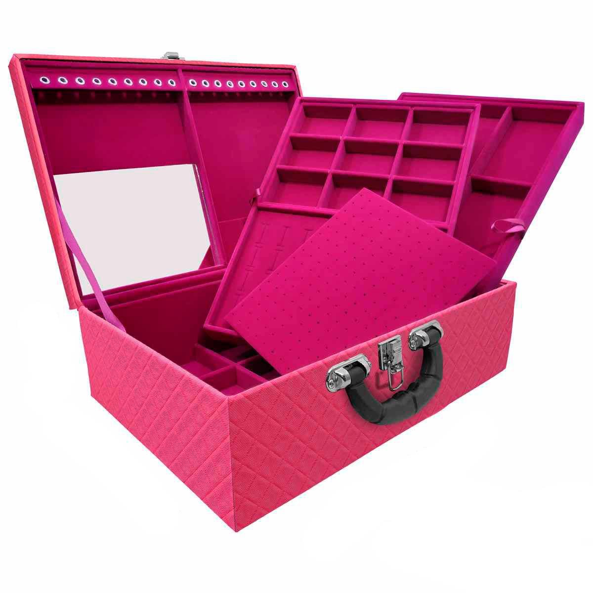 Estojo Maleta Porta Joias Triplo Grande Dijon Pink com Alça Preta e Espelho