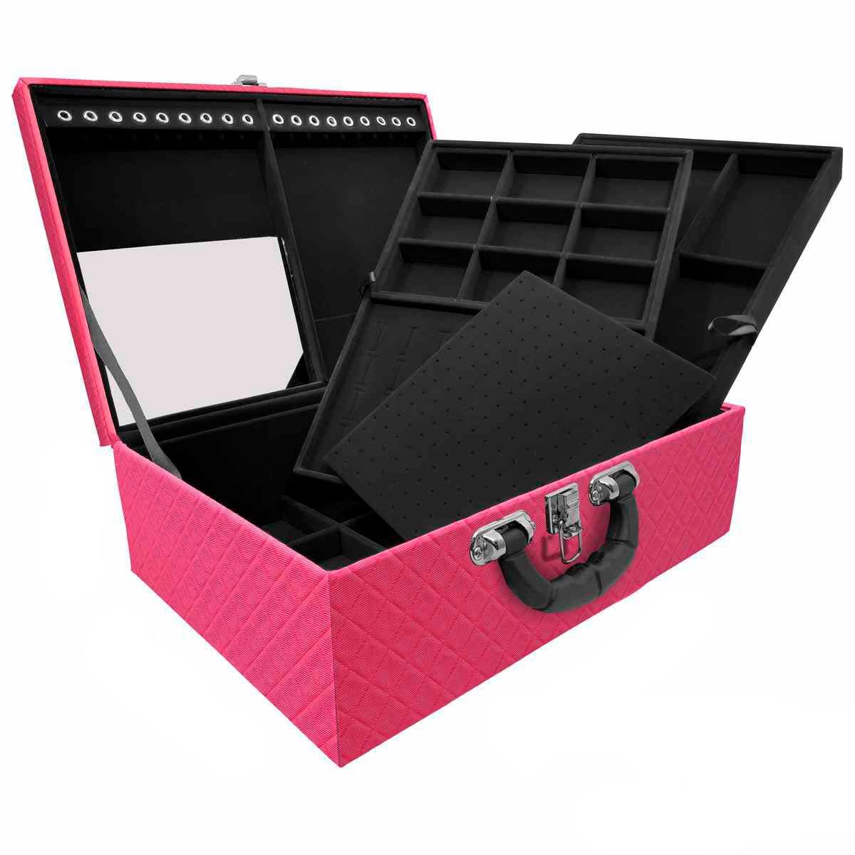 Estojo Maleta Porta Joias Triplo Grande Dijon Pink com Alça Preta e Espelho