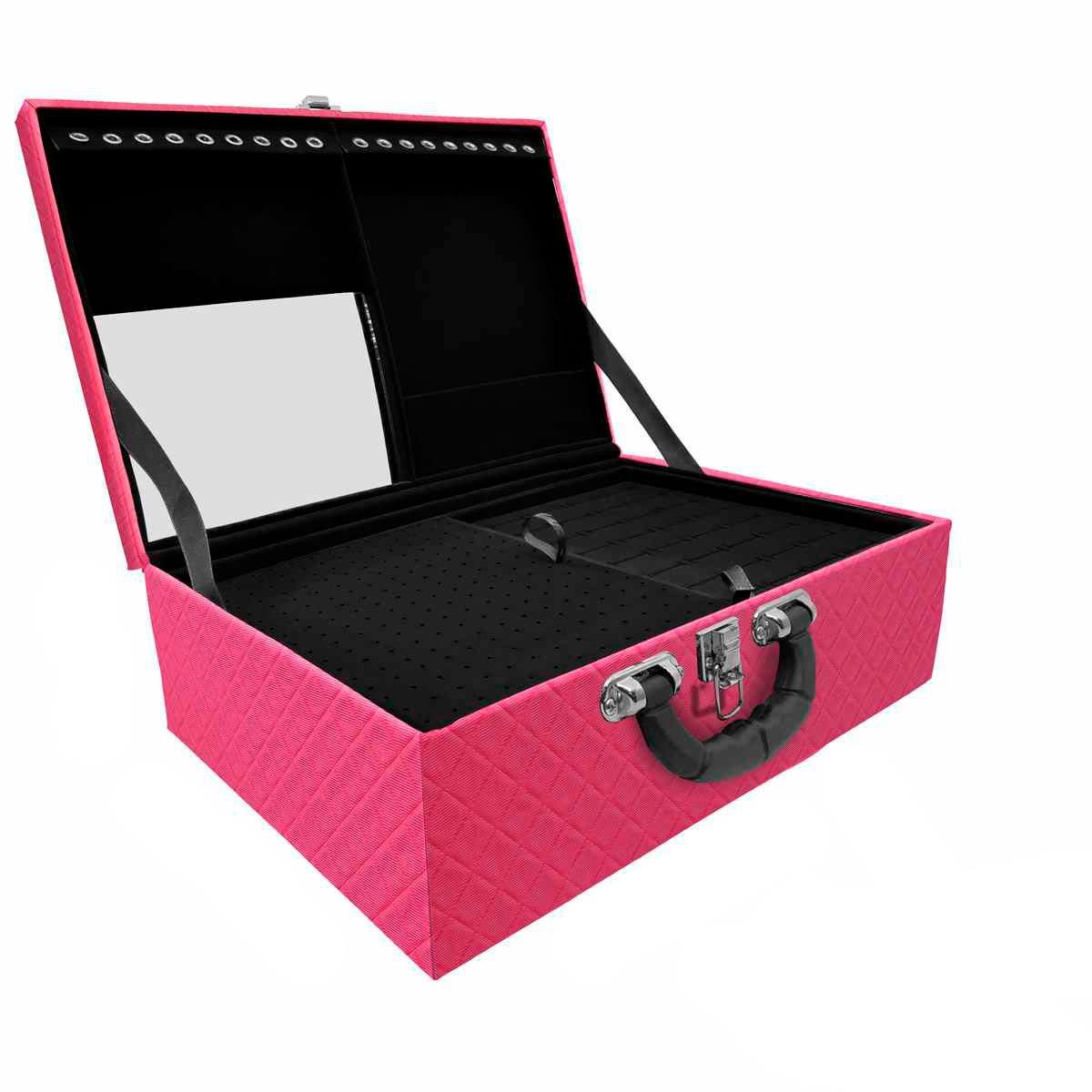 Estojo Maleta Porta Joias Triplo Grande Dijon Pink com Alça Preta e Espelho