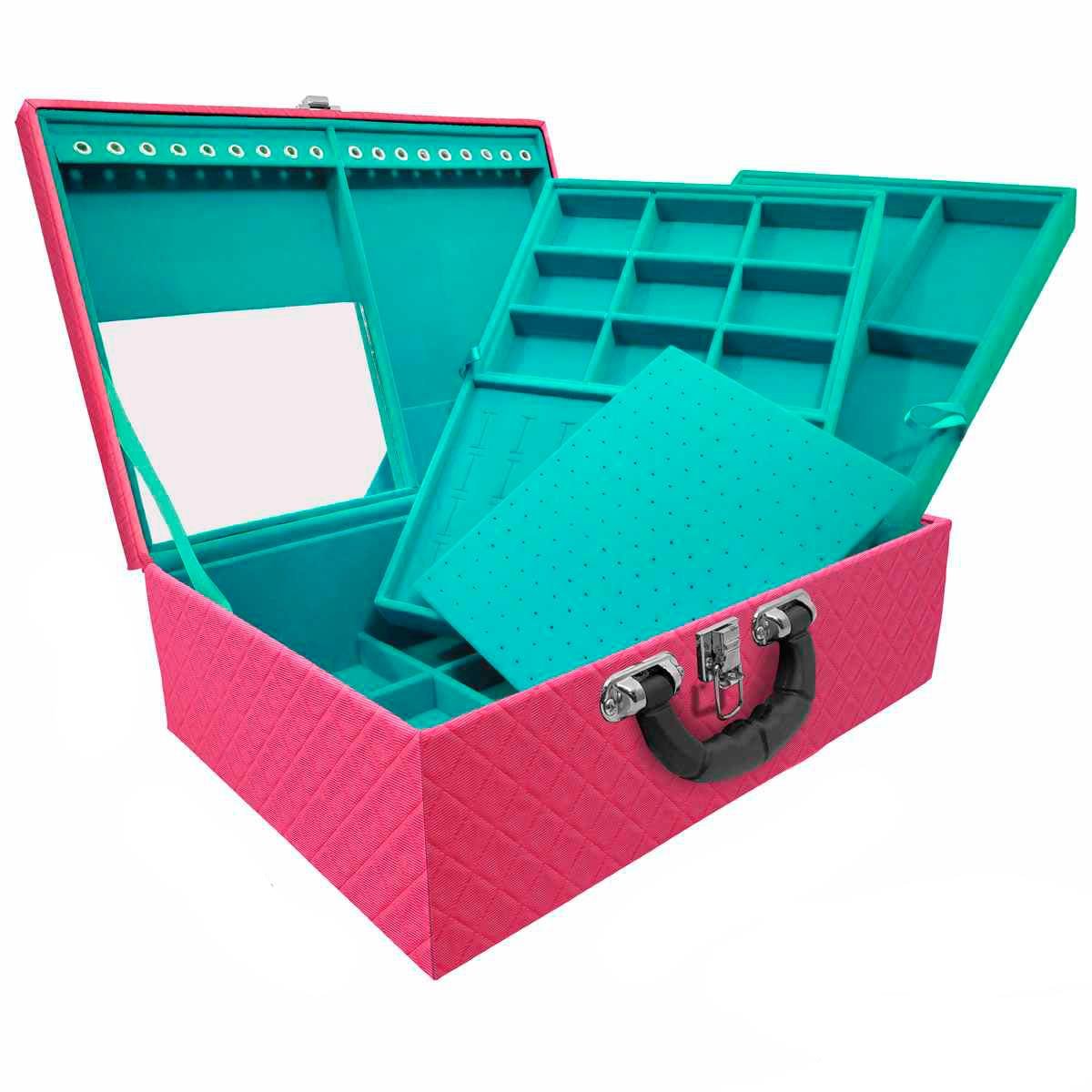 Estojo Maleta Porta Joias Triplo Grande Dijon Pink com Alça Preta e Espelho