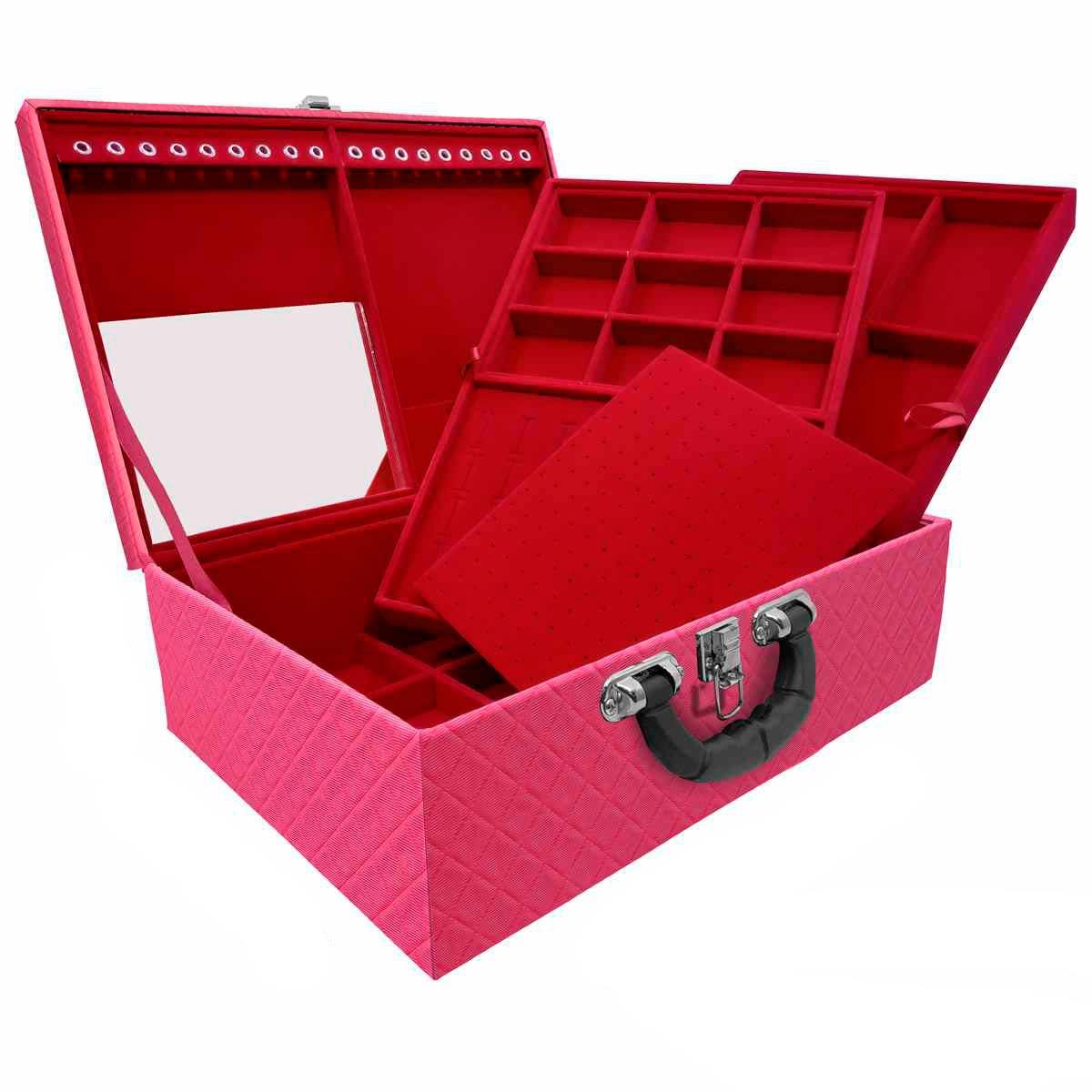 Estojo Maleta Porta Joias Triplo Grande Dijon Pink com Alça Preta e Espelho