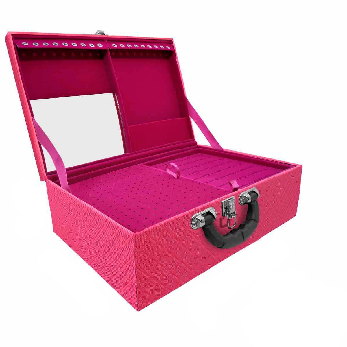 Estojo Maleta Porta Joias Triplo Grande Dijon Pink com Alça Preta e Espelho