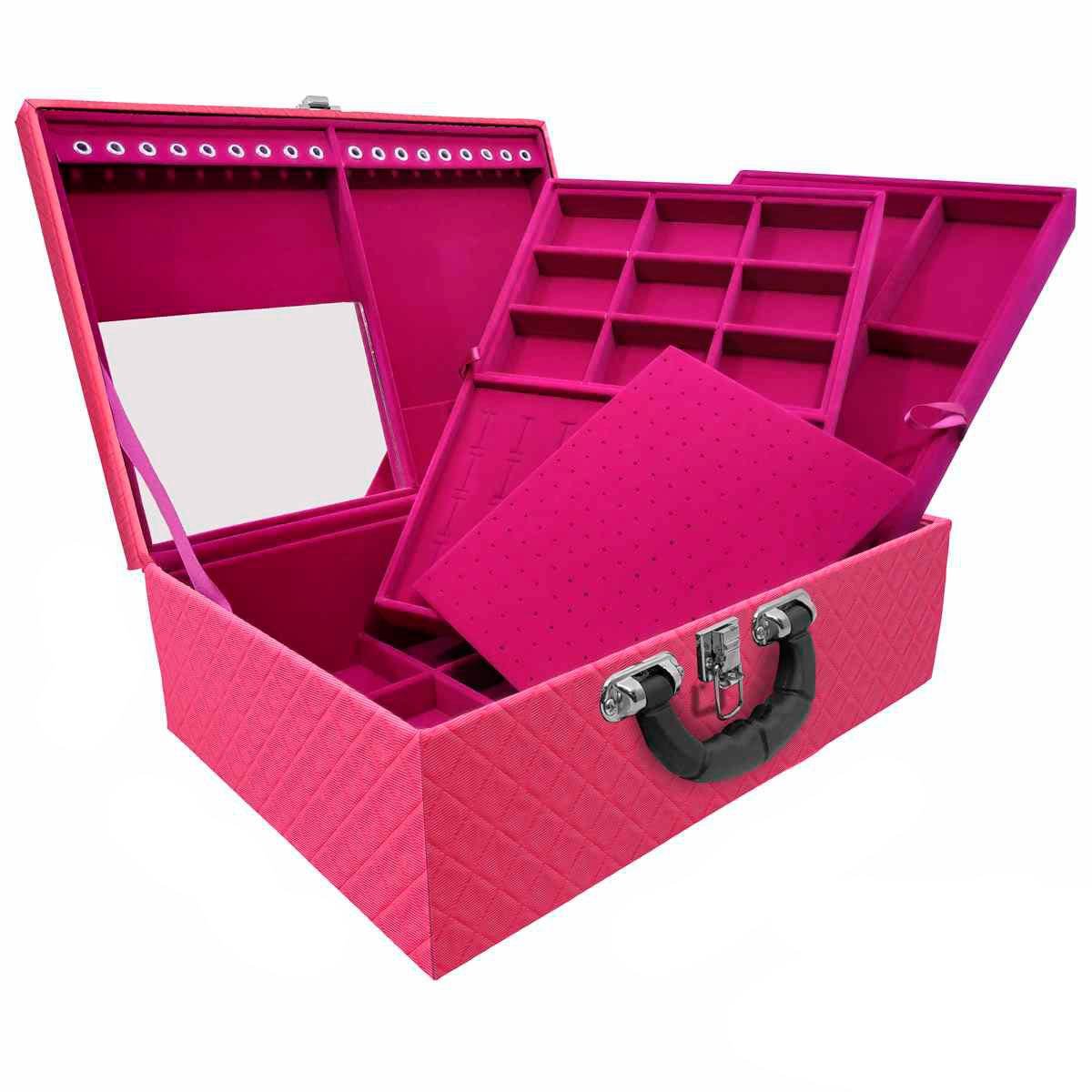 Estojo Maleta Porta Joias Triplo Grande Dijon Pink com Alça Preta e Espelho