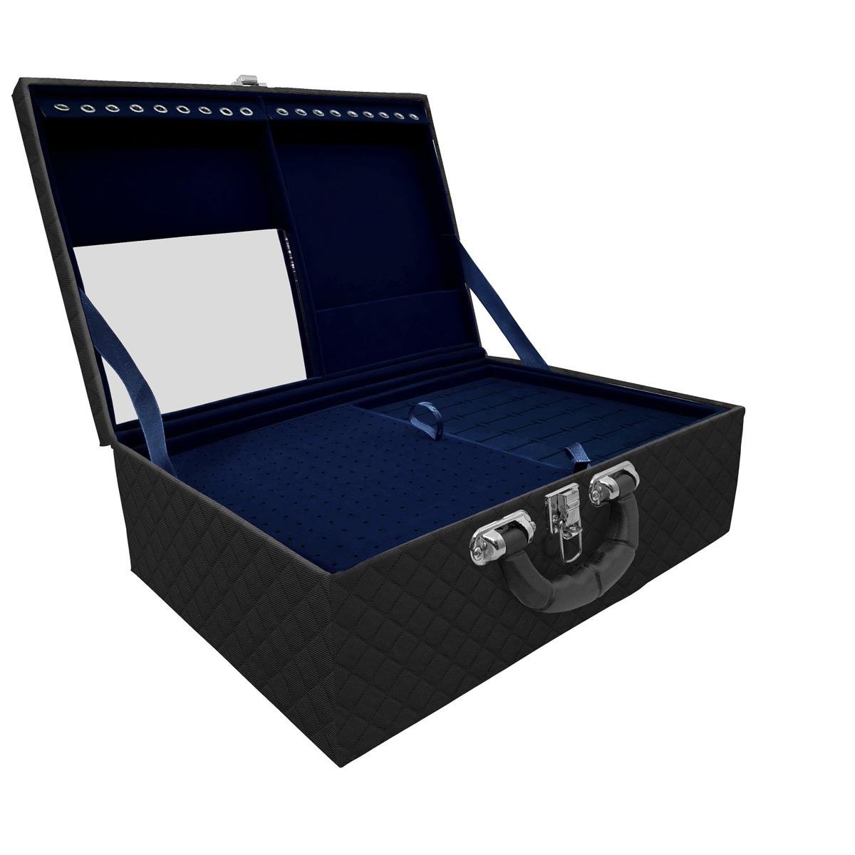 Estojo Maleta Porta Jóias Triplo Grande Dijon Preto Com Alça Preta e Espelho