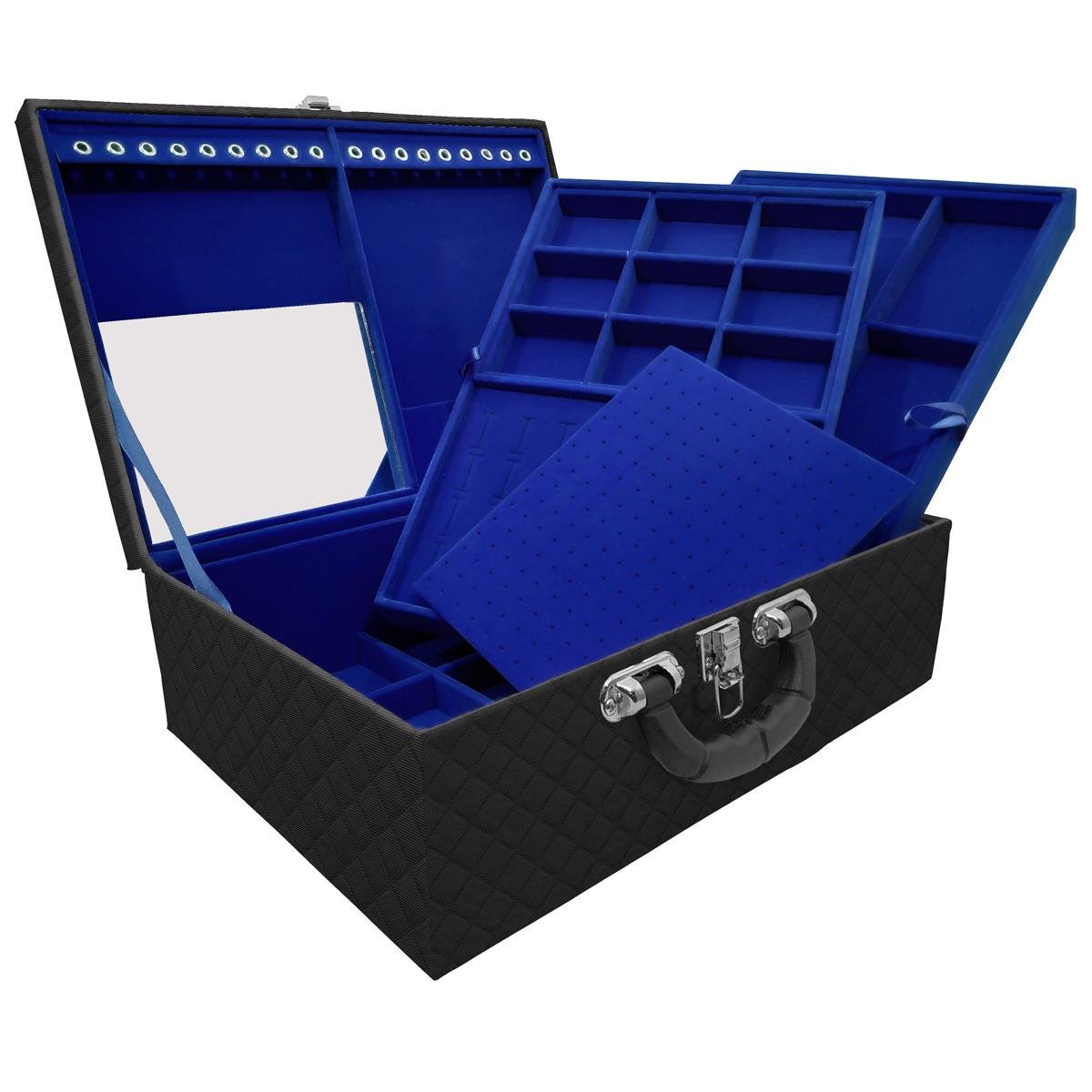 Estojo Maleta Porta Jóias Triplo Grande Dijon Preto Com Alça Preta e Espelho